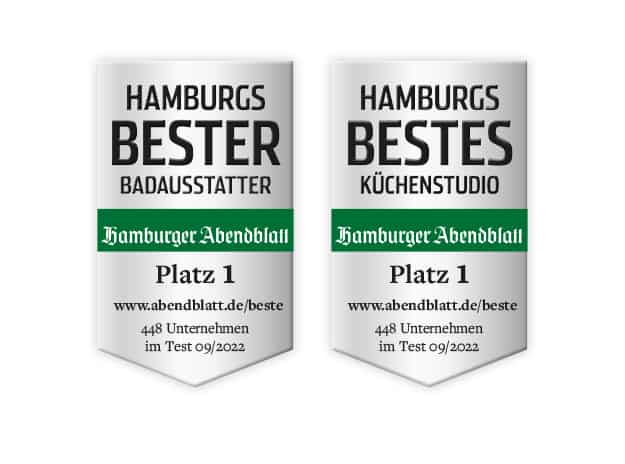 Auszeichnung des Hamburger Abendblatts für Ellerbrock Hamburg als Hamburgs bester Badausstatter und bestes Küchenstudio, dargestellt auf transparentem Hintergrund.